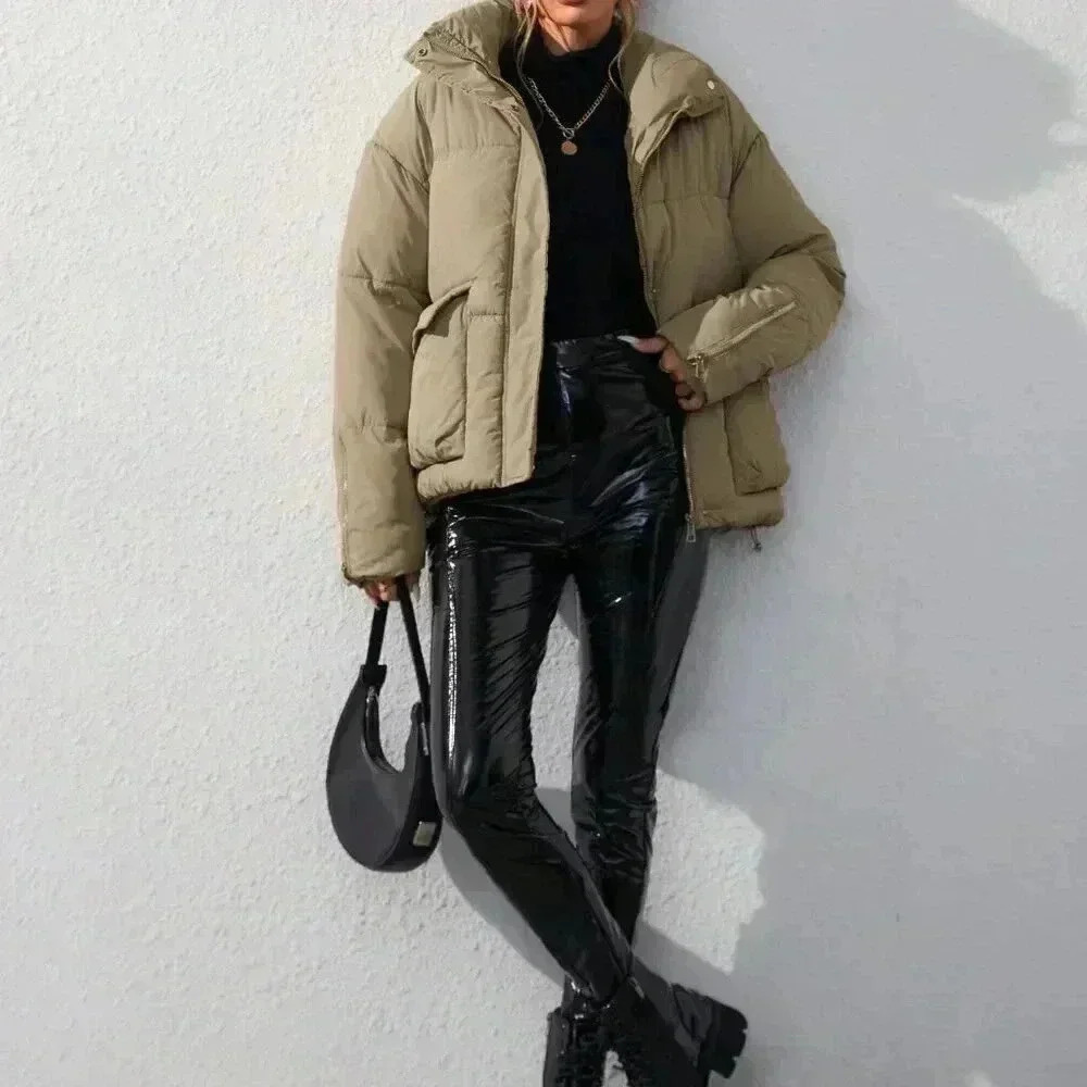 Khaki Casual Women's Loose Stand Collar Padded Puffer Coat